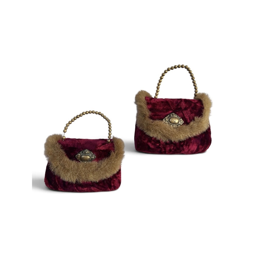 2 Vintage Christmas Ornament Purse Handbags Burgundy Fabric Faux Fur Retro